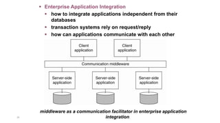 35
 Enterprise Application Integration
 how to integrate applications independent from their
databases
 transaction systems rely on request/reply
 how can applications communicate with each other
middleware as a communication facilitator in enterprise application
integration
 