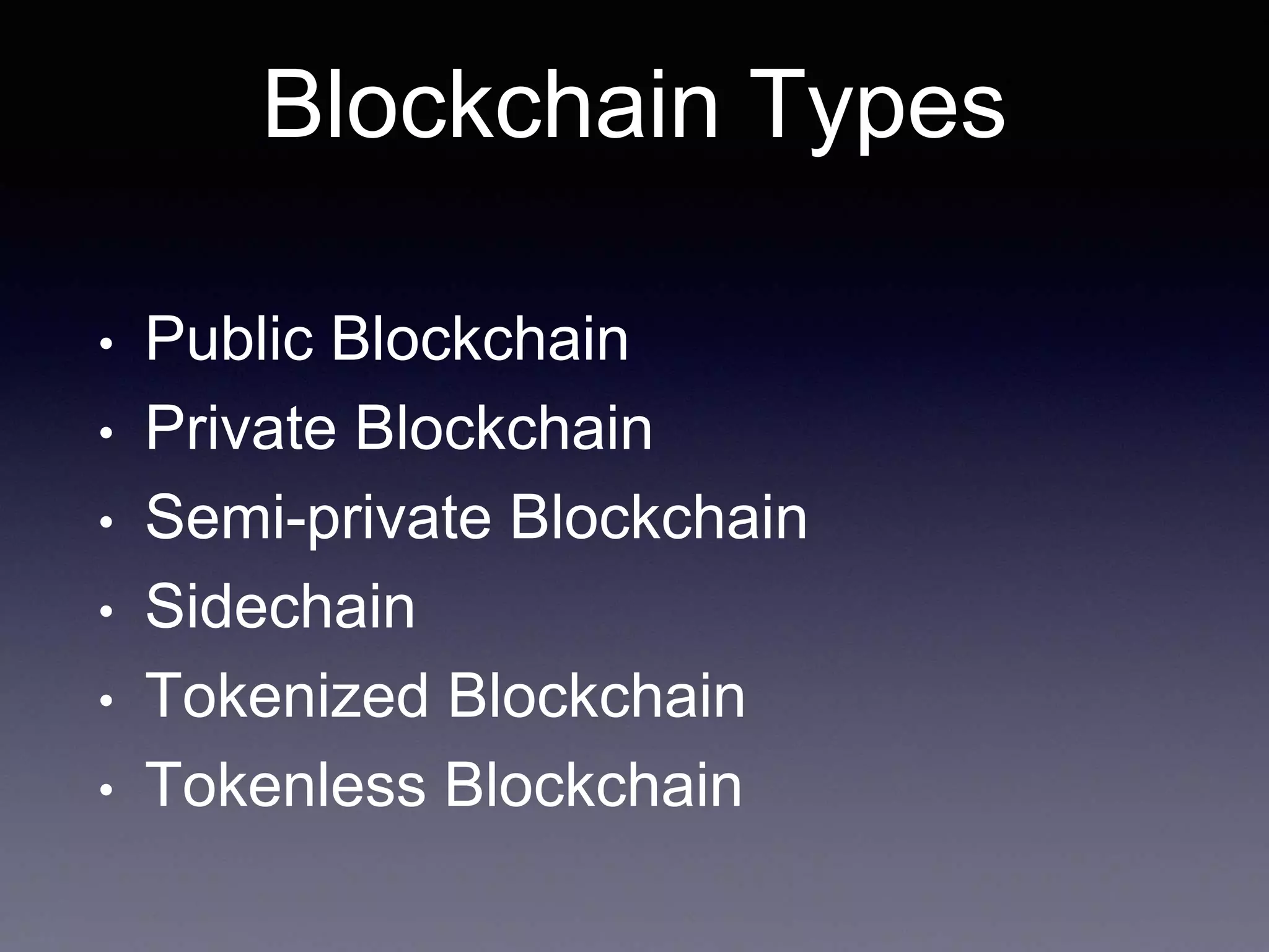 Blockchain Types
• Public Blockchain
• Private Blockchain
• Semi-private Blockchain
• Sidechain
• Tokenized Blockchain
• Tokenless Blockchain
 