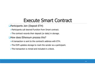 Execute Smart Contract
120
Participants Join (Deposit ETH)
Participants call desired Function from Smart contract.
The contract records their deposit (or data) in storage.
How does Ethereum process this?
A transaction is sent to the contract’s address with ETH.
The EVM updates storage to mark the sender as a participant.
The transaction is mined and included in a block.
 