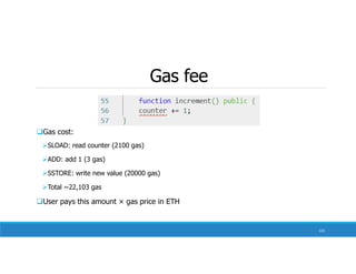 Gas fee
133
Gas cost:
SLOAD: read counter (2100 gas)
ADD: add 1 (3 gas)
SSTORE: write new value (20000 gas)
Total ~22,103 gas
User pays this amount × gas price in ETH
 