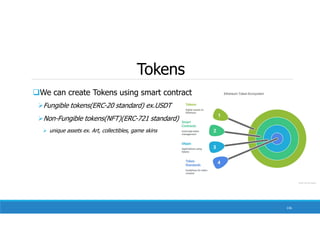 Tokens
136
We can create Tokens using smart contract
Fungible tokens(ERC-20 standard) ex.USDT
Non-Fungible tokens(NFT)(ERC-721 standard)
 unique assets ex. Art, collectibles, game skins
 