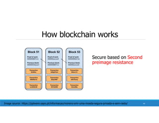 How blockchain works
Secure based on Second
preimage resistance
Image source: https://pplware.sapo.pt/informacao/monero-xmr-uma-moeda-segura-privada-e-sem-rasto/ 44
 