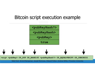 Bitcoin script execution example
<sig> <pubKey> OP_DUP OP_HASH160 <pubKeyHash?> OP_EQUALVERIFY OP_CHECKSIG
<sig>
<pubKey>
<pubKey>
<pubKeyHash?>
<pubKeyHash>
true
Slide from :Arvind Narayanan, Joseph Bonneau, Edward Felten, Andrew Miller, Princeton University
 