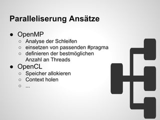 Paralleliserung Ansätze
● OpenMP
○ Analyse der Schleifen
○ einsetzen von passenden #pragma
○ definieren der bestmöglichen
Anzahl an Threads
● OpenCL
○ Speicher allokieren
○ Context holen
○ ...
 