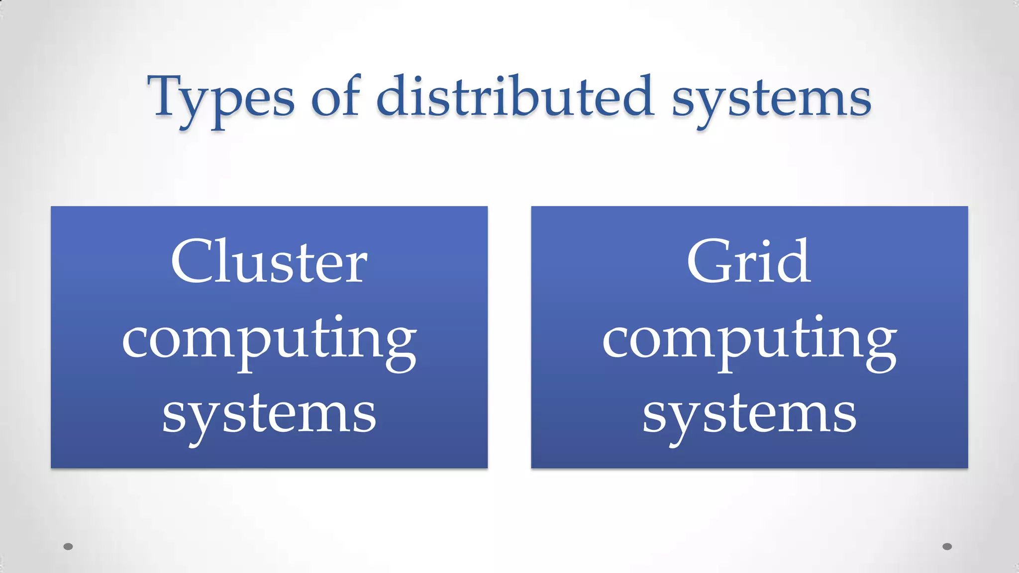 Types of distributed systems

Cluster
computing
systems

Grid
computing
systems

 