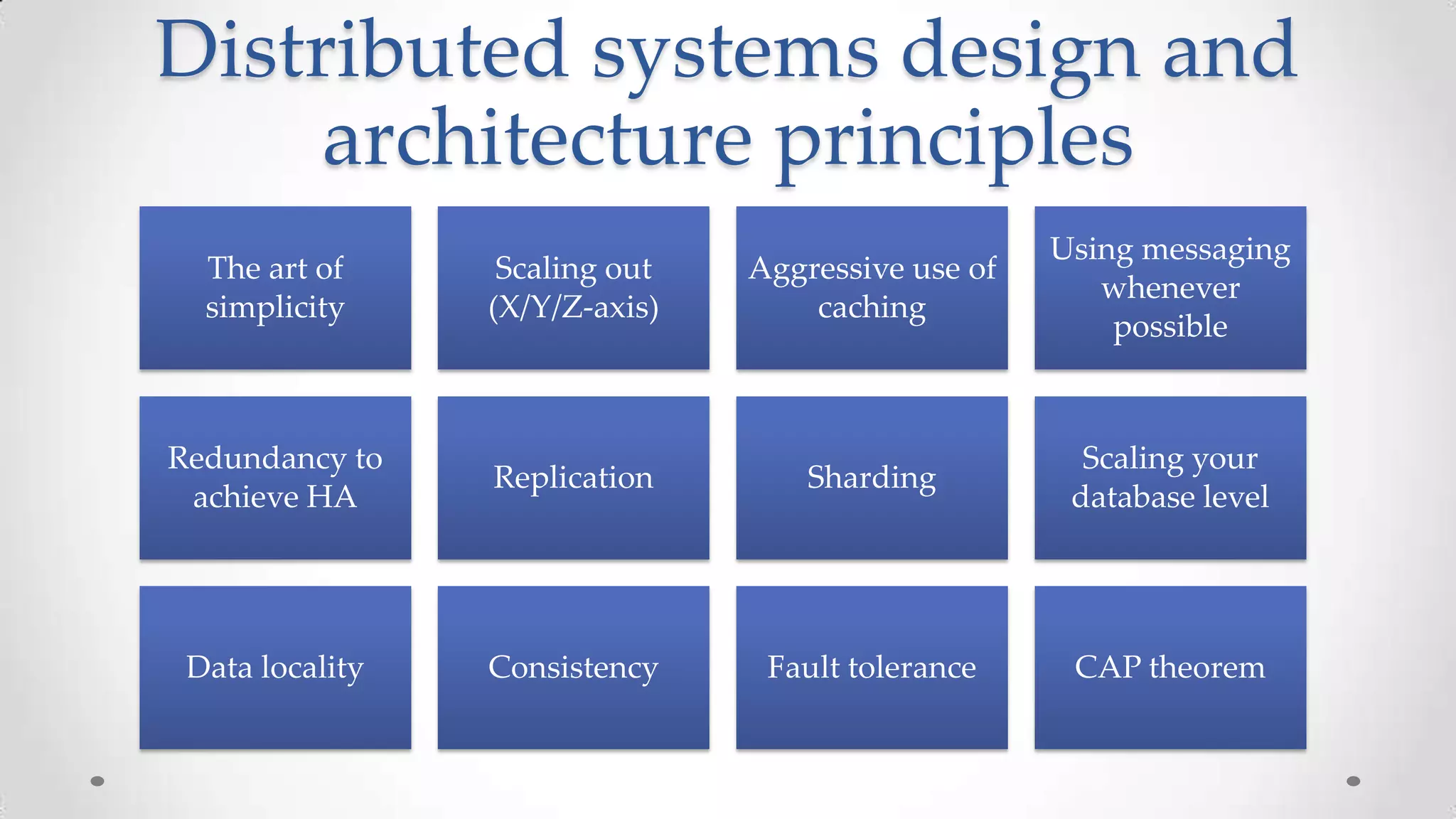 Distributed systems design and
architecture principles
The art of
simplicity

Scaling out
(X/Y/Z-axis)

Aggressive use of
caching

Using messaging
whenever
possible

Redundancy to
achieve HA

Replication

Sharding

Scaling your
database level

Data locality

Consistency

Fault tolerance

CAP theorem

 