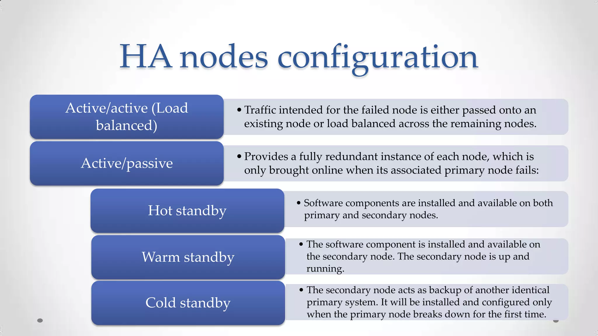 HA nodes configuration
Active/active (Load
balanced)

• Traffic intended for the failed node is either passed onto an
existing node or load balanced across the remaining nodes.

Active/passive

• Provides a fully redundant instance of each node, which is
only brought online when its associated primary node fails:

Hot standby
Warm standby

Cold standby

• Software components are installed and available on both
primary and secondary nodes.

• The software component is installed and available on
the secondary node. The secondary node is up and
running.
• The secondary node acts as backup of another identical
primary system. It will be installed and configured only
when the primary node breaks down for the first time.

 
