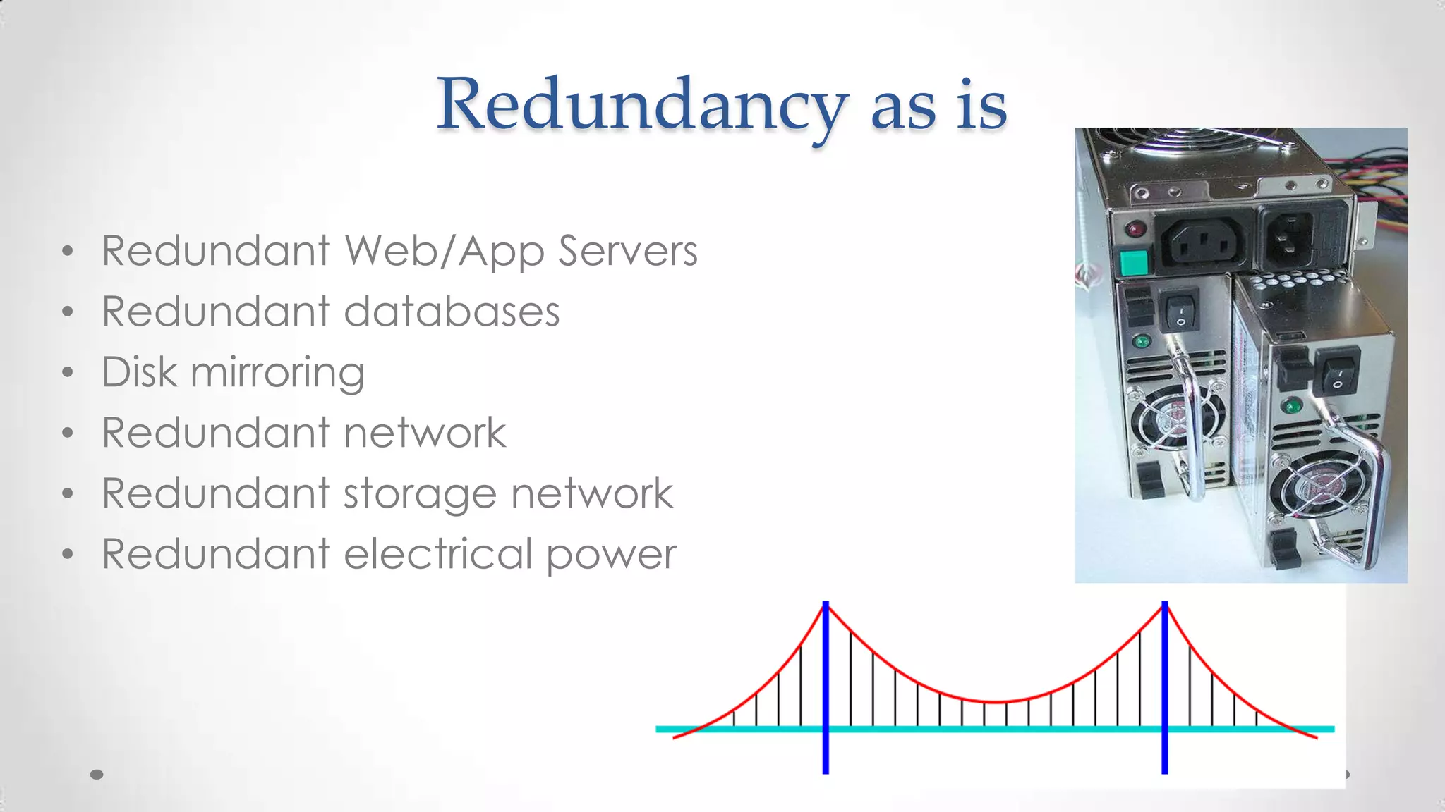 Redundancy as is
•
•
•
•
•
•

Redundant Web/App Servers
Redundant databases
Disk mirroring
Redundant network
Redundant storage network
Redundant electrical power

 