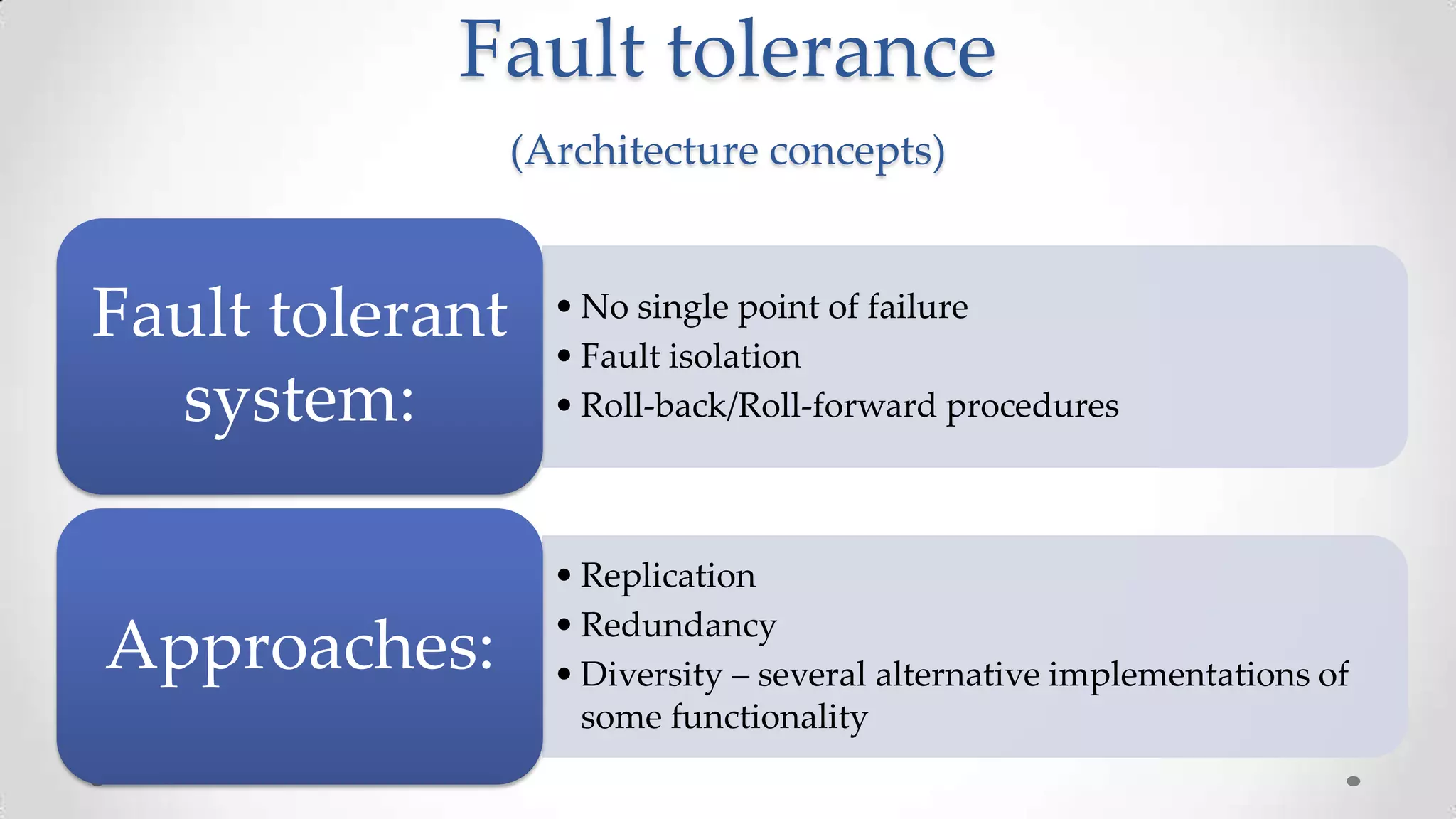 Fault tolerance
(Architecture concepts)

Fault tolerant
system:

Approaches:

• No single point of failure
• Fault isolation
• Roll-back/Roll-forward procedures

• Replication
• Redundancy
• Diversity – several alternative implementations of
some functionality

 