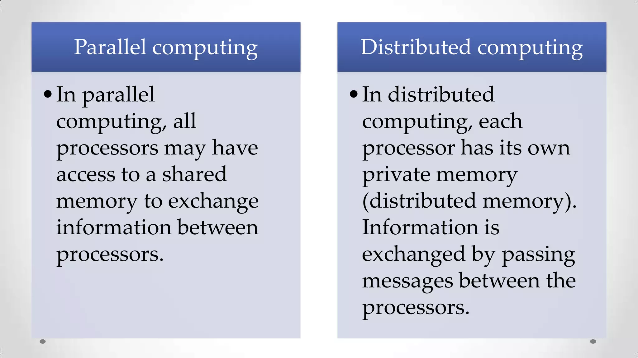 Parallel computing

Distributed computing

•In parallel
computing, all
processors may have
access to a shared
memory to exchange
information between
processors.

•In distributed
computing, each
processor has its own
private memory
(distributed memory).
Information is
exchanged by passing
messages between the
processors.

 