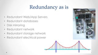 Redundancy as is
•
•
•
•
•
•

Redundant Web/App Servers
Redundant databases
Disk mirroring
Redundant network
Redundant storage network
Redundant electrical power

 
