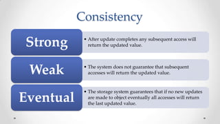 Consistency

Strong
Weak

Eventual

• After update completes any subsequent access will
return the updated value.

• The system does not guarantee that subsequent
accesses will return the updated value.

• The storage system guarantees that if no new updates
are made to object eventually all accesses will return
the last updated value.

 