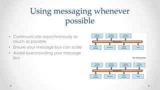 Using messaging whenever
possible
• Communicate asynchronously as
much as possible
• Ensure your message bus can scale
• Avoid overcrowding your message
bus

 