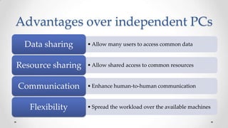 Advantages over independent PCs
Data sharing

• Allow many users to access common data

Resource sharing

• Allow shared access to common resources

Communication

• Enhance human-to-human communication

Flexibility

• Spread the workload over the available machines

 