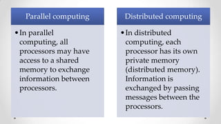 Parallel computing

Distributed computing

•In parallel
computing, all
processors may have
access to a shared
memory to exchange
information between
processors.

•In distributed
computing, each
processor has its own
private memory
(distributed memory).
Information is
exchanged by passing
messages between the
processors.

 