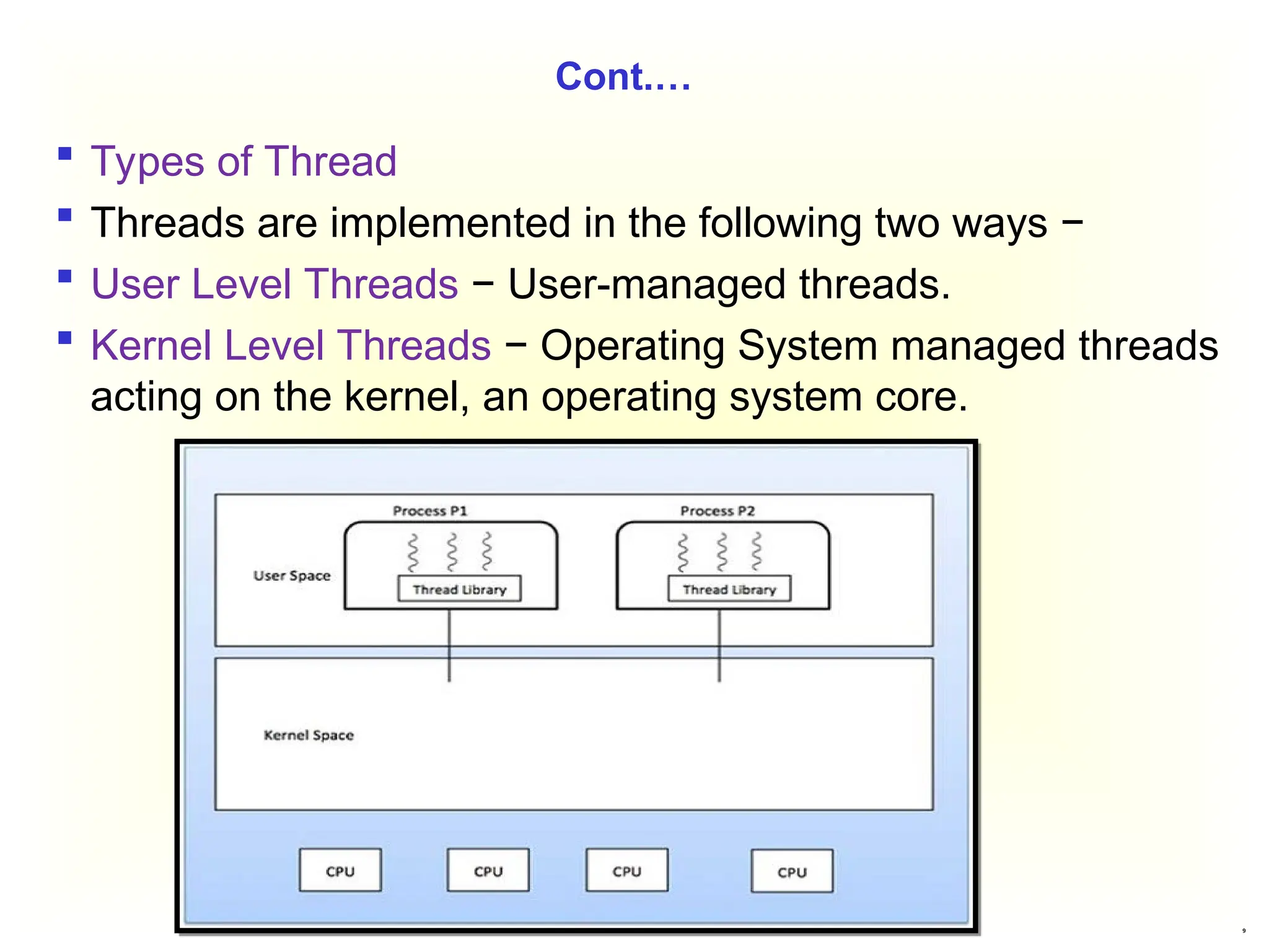 9
Cont.…
 Types of Thread
 Threads are implemented in the following two ways −
 User Level Threads − User-managed threads.
 Kernel Level Threads − Operating System managed threads
acting on the kernel, an operating system core.
 