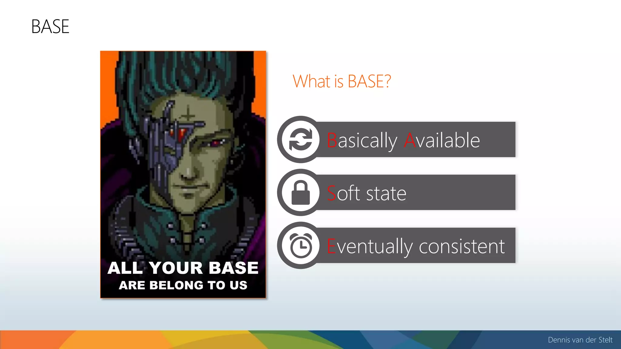 Dennis van der Stelt
Basically Available
BASE
What is BASE?
Soft state
Eventually consistent
 