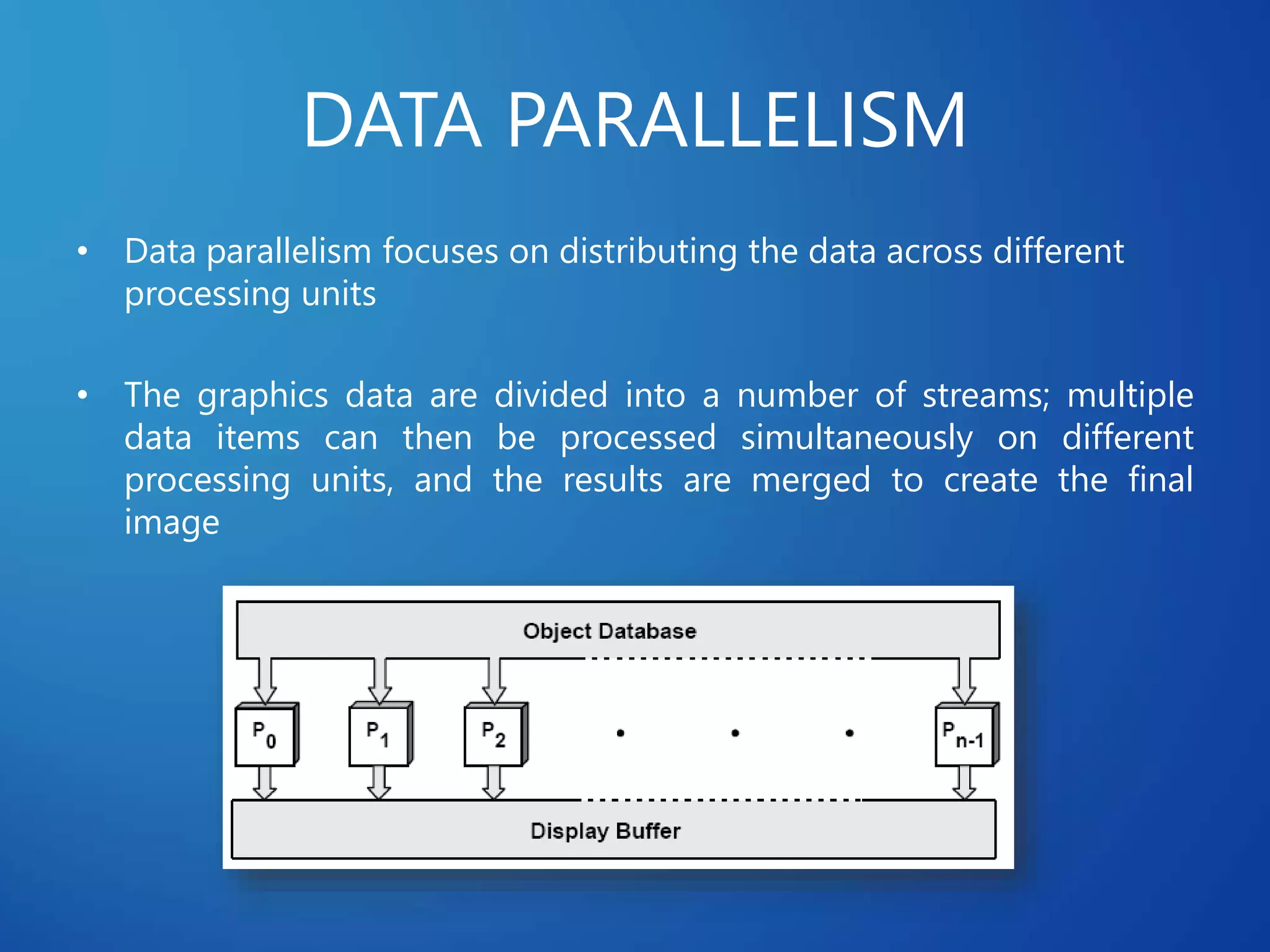 DATA PARALLELISM
• Data parallelism focuses on distributing the data across different
processing units
• The graphics data are divided into a number of streams; multiple
data items can then be processed simultaneously on different
processing units, and the results are merged to create the final
image
 