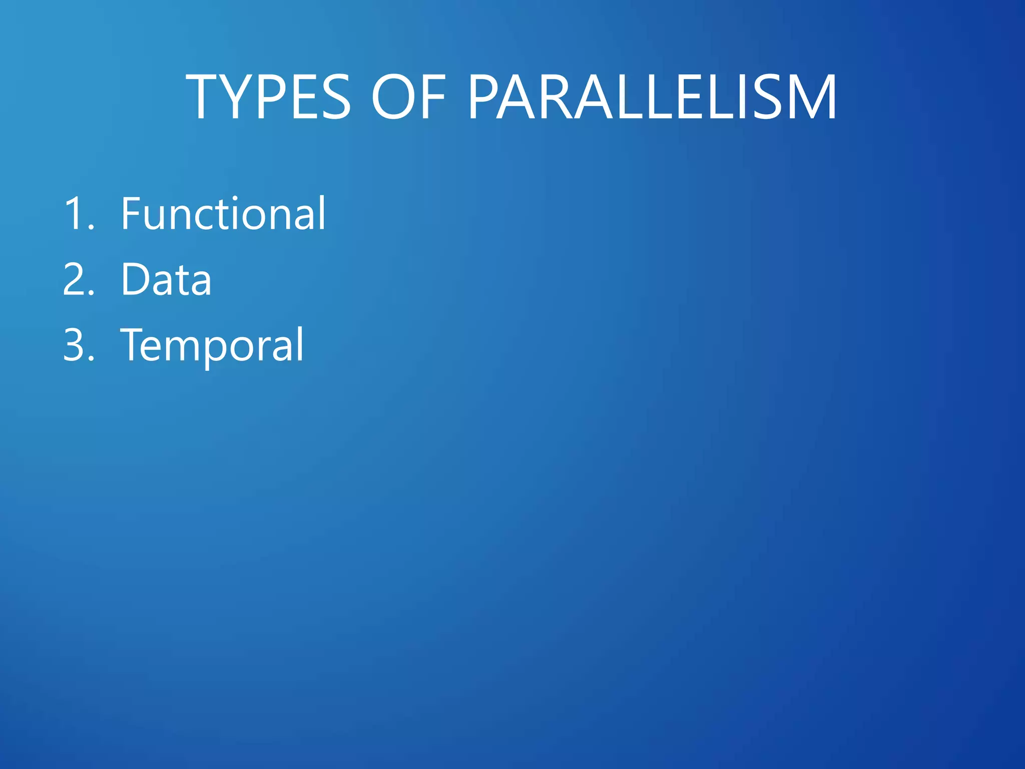 TYPES OF PARALLELISM
1. Functional
2. Data
3. Temporal
 