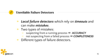 Unreliable Failure Detectors
◉ Local failure detectors which rely on timeouts and
can make mistakes.
◉ Two types of mistak...