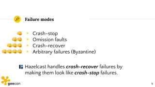 Failure modes
◉ Crash-stop
◉ Omission faults
◉ Crash-recover
◉ Arbitrary failures (Byzantine)
Hazelcast handles crash-reco...