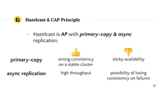 Hazelcast & CAP Principle
◉ Hazelcast is AP with primary-copy & async
replication.
primary-copy strong consistency
on a stable cluster
sticky availability
async replication high throughput possibility of losing
consistency on failures
22
 