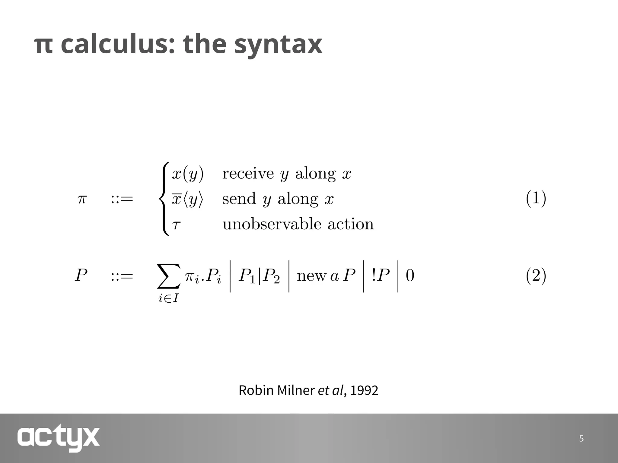 π calculus: the syntax
5
Robin Milner et al, 1992
⇡ ::=
8
><
>:
x(y) receive y along x
xhyi send y along x
⌧ unobservable action
(1)
P ::=
X
i2I
⇡i.Pi P1|P2 new a P !P 0 (2)
 