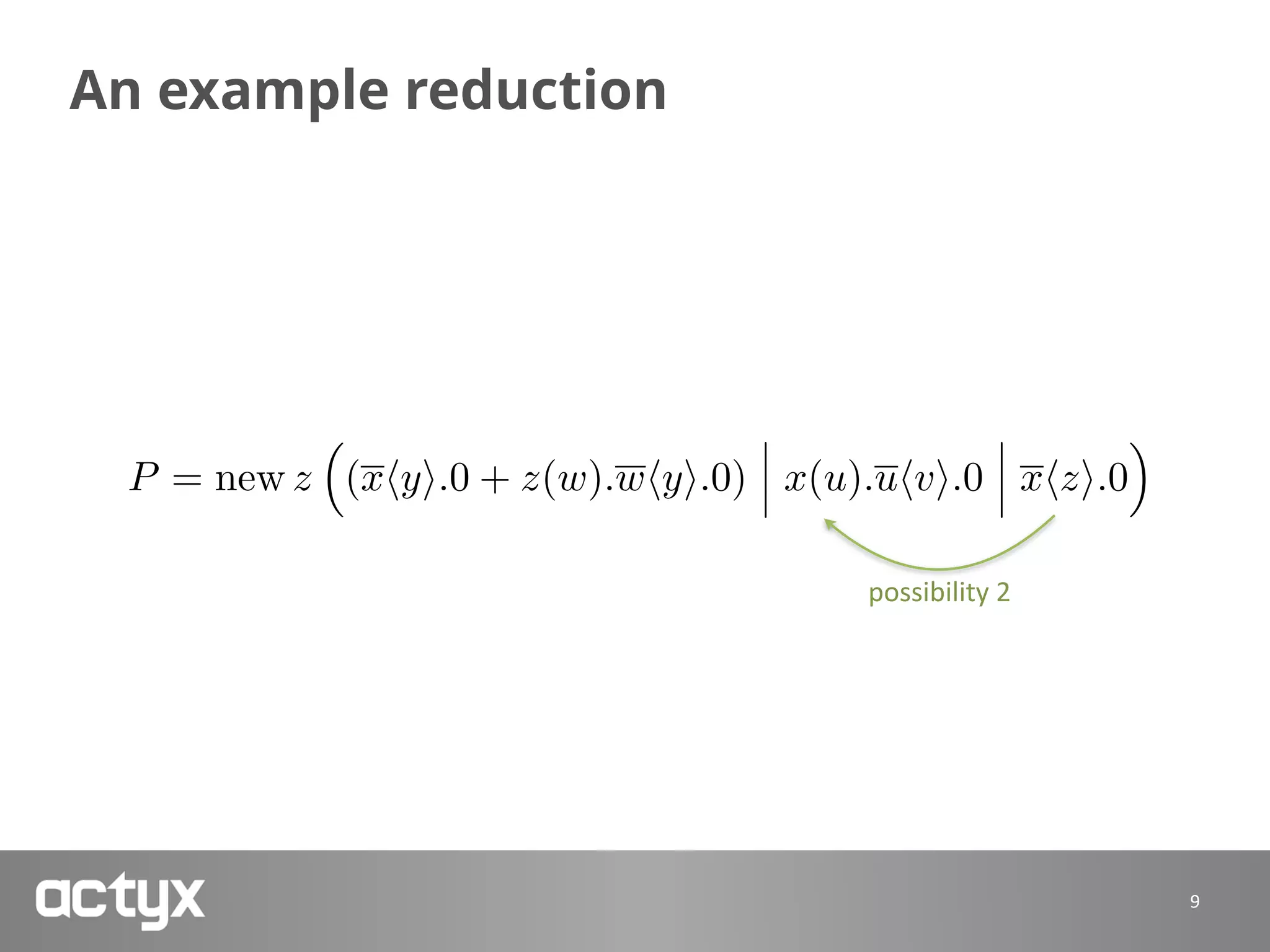 An example reduction
9
P = new z
⇣
(xhyi.0 + z(w).whyi.0) x(u).uhvi.0 xhzi.0
⌘
possibility	2
 