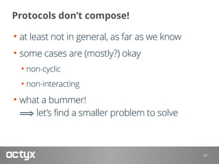 Protocols don’t compose!
• at least not in general, as far as we know
• some cases are (mostly?) okay
• non-cyclic
• non-i...