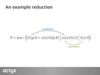 An example reduction
7
P = new z
⇣
(xhyi.0 + z(w).whyi.0) x(u).uhvi.0 xhzi.0
⌘
possibility	1
possibility	2
 