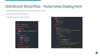 Distributed Tensorflow - Kubernetes Deployment
•Slightly different deployments for worker and ps nodes
•Service for each woker/ps task
•Job Name/worker index by flags
29
 