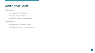 Additional Stuff
•Tensorboard:
•Needs a global shared filesystem
•Instances write into subfolder
•Tensorboard Instances reads full folder
•Performance
•Scales amount of Parameter Servers
•Many CPU nodes can be more cost efficient
32
 