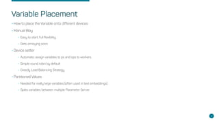 Variable Placement
•How to place the Variable onto different devices
•Manual Way
•Easy to start, full flexibility
•Gets annoying soon
•Device setter
•Automatic assign variables to ps and ops to workers
•Simple round robin by default
•Greedy Load Balancing Strategy
•Partitioned Values
•Needed for really large variables (often used in text embeddings)
•Splits variables between multiple Parameter Server
9
 