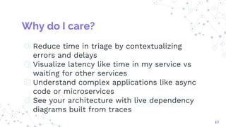 Why do I care?
◎ Reduce time in triage by contextualizing
errors and delays
◎ Visualize latency like time in my service vs
waiting for other services
◎ Understand complex applications like async
code or microservices
◎ See your architecture with live dependency
diagrams built from traces
17
 