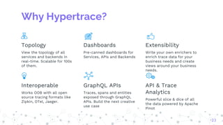 Why Hypertrace?
Topology
View the topology of all
services and backends in
real-time. Scalable for 100s
of them.
Dashboards
Pre-canned dashboards for
Services, APIs and Backends
Extensibility
Write your own enrichers to
enrich trace data for your
business needs and create
views around your business
needs.
Interoperable
Works OOB with all open
source tracing formats like
Zipkin, OTel, Jaeger.
GraphQL APIs
Traces, spans and entities
exposed through GraphQL
APIs. Build the next creative
use case
API & Trace
Analytics
Powerful slice & dice of all
the data powered by Apache
Pinot
23
 