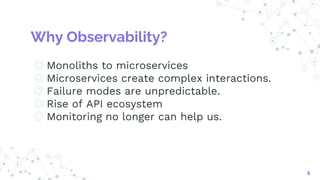 Why Observability?
◎ Monoliths to microservices
◎ Microservices create complex interactions.
◎ Failure modes are unpredictable.
◎ Rise of API ecosystem
◎ Monitoring no longer can help us.
6
 