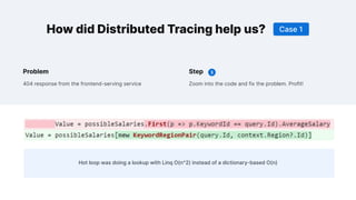 How did Distributed Tracing help us?
404 response from the frontend-serving service
Problem
Zoom into the code and fix the problem. Profit!
Step
Hot loop was doing a lookup with Linq O(n^2) instead of a dictionary-based O(n)
Case 1
 