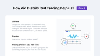How did Distributed Tracing help us?
Google uses various metrics to understand how
user-friendly a site is. Better metrics mean better
rankings in the search engine. One of the metrics is
focused on site performance — LCP, or load speed.
How can we improve our load speed?
Understand the full picture of what is going on in the
backend by inspecting the trace of a user request
Context
Problem
Tracing provides us a new tool:
Case 2
 