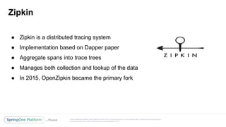 Unless otherwise indicated, these slides are © 2013-2017 Pivotal Software, Inc. and licensed under a Creative Commons Attribution-
NonCommercial license: http://creativecommons.org/licenses/by-nc/3.0/
Zipkin
● Zipkin is a distributed tracing system
● Implementation based on Dapper paper
● Aggregate spans into trace trees
● Manages both collection and lookup of the data
● In 2015, OpenZipkin became the primary fork
 