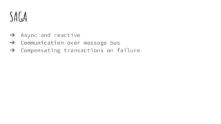 SAGA
➔ Async and reactive
➔ Communication over message bus
➔ Compensating transactions on failure
 