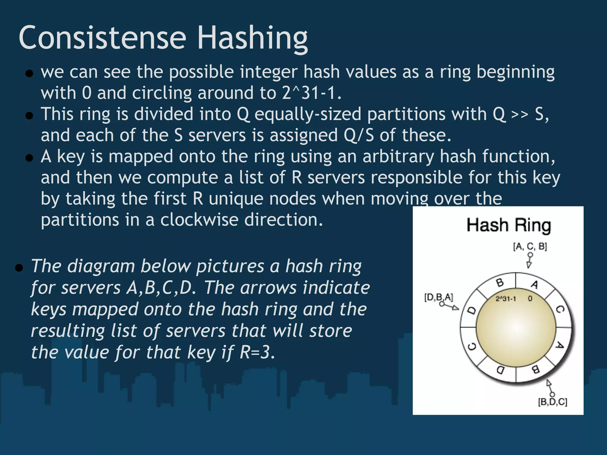 Consistense Hashing
 we can see the possible integer hash values as a ring beginning
 with 0 and circling around to 2^31-1.
 This ring is divided into Q equally-sized partitions with Q >> S,
 and each of the S servers is assigned Q/S of these.
 A key is mapped onto the ring using an arbitrary hash function,
 and then we compute a list of R servers responsible for this key
 by taking the first R unique nodes when moving over the
 partitions in a clockwise direction. 

The diagram below pictures a hash ring
for servers A,B,C,D. The arrows indicate
keys mapped onto the hash ring and the
resulting list of servers that will store
the value for that key if R=3.
 