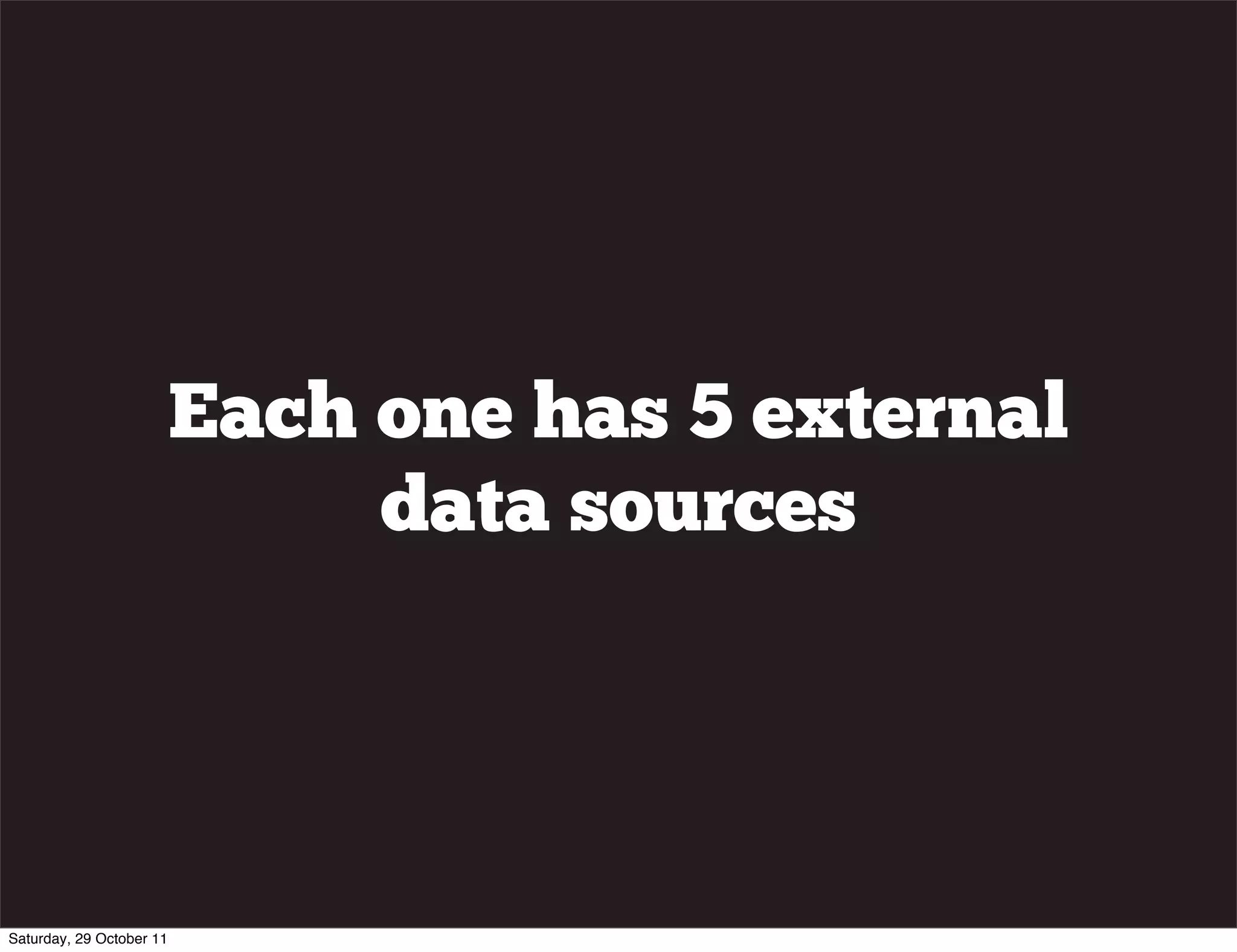 Each one has 5 external
                               data sources




Saturday, 29 October 11
 