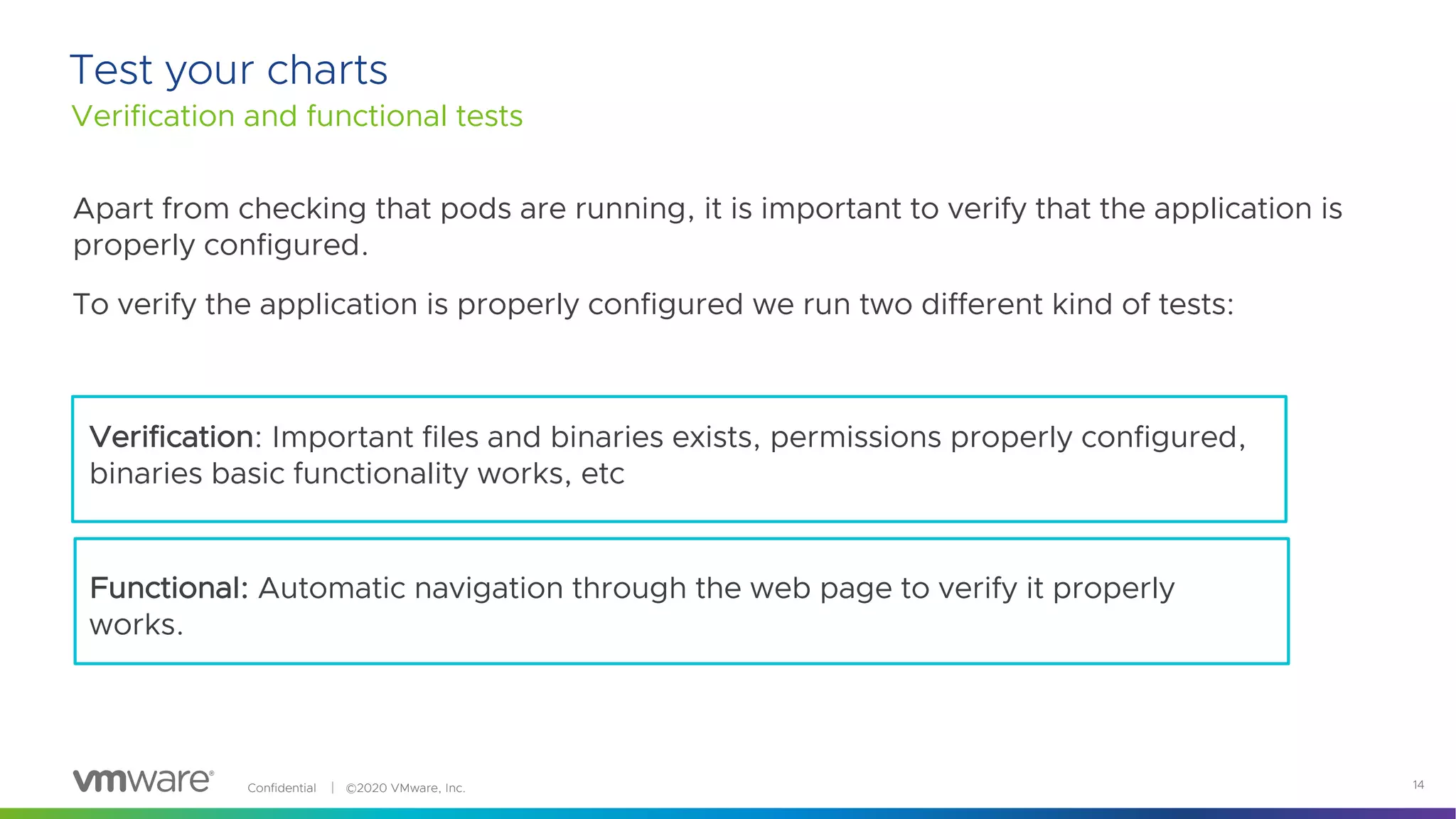 Confidential │ ©2020 VMware, Inc. 14
Test your charts
Verification and functional tests
Apart from checking that pods are running, it is important to verify that the application is
properly configured.
To verify the application is properly configured we run two different kind of tests:
Verification: Important files and binaries exists, permissions properly configured,
binaries basic functionality works, etc
Functional: Automatic navigation through the web page to verify it properly
works.
 
