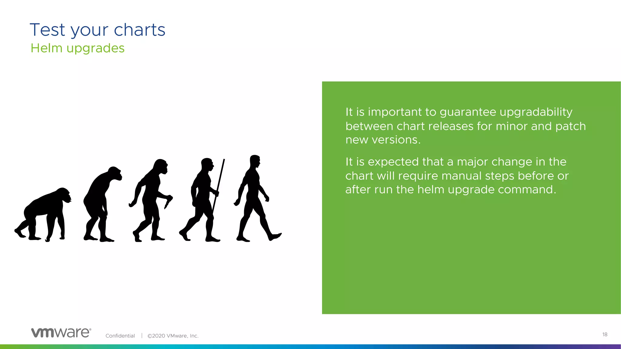 Confidential │ ©2020 VMware, Inc. 18
It is important to guarantee upgradability
between chart releases for minor and patch
new versions.
It is expected that a major change in the
chart will require manual steps before or
after run the helm upgrade command.
Test your charts
Helm upgrades
 