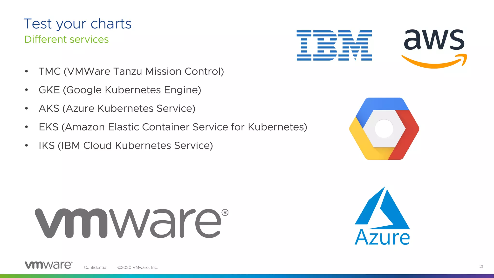 Confidential │ ©2020 VMware, Inc. 21
Different services
Test your charts
• TMC (VMWare Tanzu Mission Control)
• GKE (Google Kubernetes Engine)
• AKS (Azure Kubernetes Service)
• EKS (Amazon Elastic Container Service for Kubernetes)
• IKS (IBM Cloud Kubernetes Service)
 