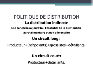 POLITIQUE DE DISTRIBUTION La distribution indirecte Elle concerne aujourd’hui l’essentiel de la distribution  agro-alimentaire et non alimentaire Un circuit long:   Producteur+(négociants)+grossistes+détaillants, Un circuit court: Producteur+détaillants. 
