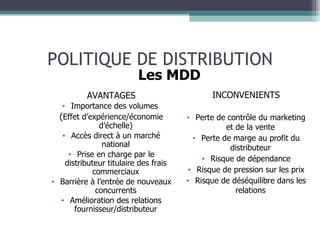 POLITIQUE DE DISTRIBUTION AVANTAGES Importance des volumes  ( Effet d’expérience/économie d’échelle) Accès direct à un marché national Prise en charge par le distributeur titulaire des frais commerciaux Barrière à l’entrée de nouveaux concurrents Amélioration des relations fournisseur/distributeur INCONVENIENTS Perte de contrôle du marketing et de la vente Perte de marge au profit du distributeur Risque de dépendance Risque de pression sur les prix Risque de déséquilibre dans les relations Les MDD 