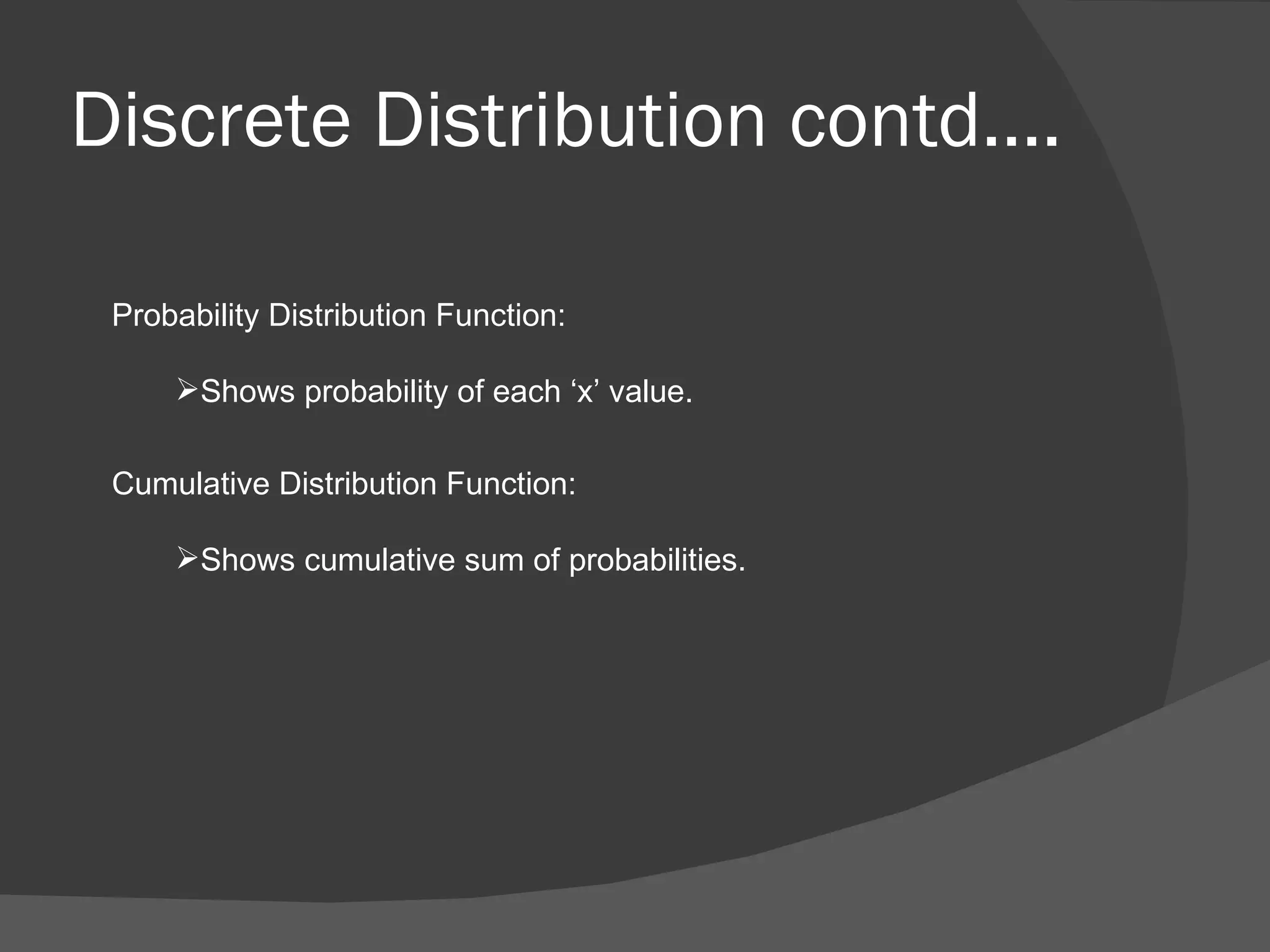 Discrete Distribution contd…. Probability Distribution Function: Shows probability of each ‘x’ value. Cumulative Distribution Function: Shows cumulative sum of probabilities. 