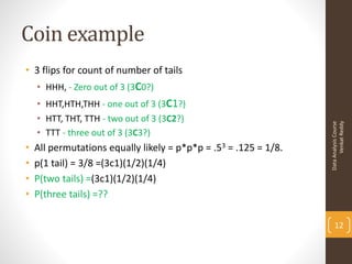 Coin example
• 3 flips for count of number of tails
    • HHH, - Zero out of 3 (3C0?)
    • HHT,HTH,THH - one out of 3 (3C1?)
    • HTT, THT, TTH - two out of 3 (3C2?)




                                                                        Venkat Reddy
                                                                  Data Analysis Course
    • TTT - three out of 3 (3C3?)
•   All permutations equally likely = p*p*p = .53 = .125 = 1/8.
•   p(1 tail) = 3/8 =(3c1)(1/2)(1/4)
•   P(two tails) =(3c1)(1/2)(1/4)
•   P(three tails) =??

                                                                      12
 