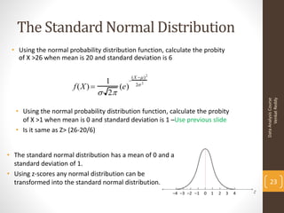 The Standard Normal Distribution
 • Using the normal probability distribution function, calculate the probity
   of X >26 when mean is 20 and standard deviation is 6

                                           (X  ) 2
                                 1     
                      f (X )       (e)      2 2
                                2




                                                                                      Venkat Reddy
                                                                                Data Analysis Course
  • Using the normal probability distribution function, calculate the probity
    of X >1 when mean is 0 and standard deviation is 1 –Use previous slide
  • Is it same as Z> (26-20/6)


• The standard normal distribution has a mean of 0 and a
  standard deviation of 1.
• Using z-scores any normal distribution can be
  transformed into the standard normal distribution.                                23
 